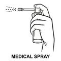 Medical spray bottle sore throat in hand, splash aerosol pharmacy antiseptic line icon. Liquid medicine for mouth hygiene. Vector