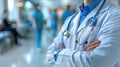 Medical staff in blue uniforms with stethoscopes