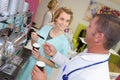 medical staff chatting in modern hospital canteen Royalty Free Stock Photo