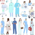 Medical staff - doctors, researchers, nurses and ventilators fight viruses. Set of drawings