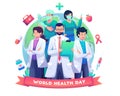 A medical staff group of doctors and nurses standing in front of the globe earth celebrating world health day. vector illustration