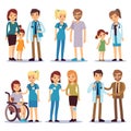 Medical staff with patients. Nurses and doctors with sick person vector cartoon characters set