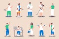 Medical staff people set in flat design. Men and women work in hospital, nurses and doctors, dentists, physicians and other.