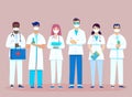 Medical staff team Set of Doctor in Masks and stethoscope, nurses and medical personnel characters. young group of Royalty Free Stock Photo