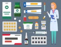 Medical staff, therapist woman, physician with clipboard, healthcare web icons, treatment set