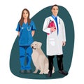 Medical staff at the veterinary clinic. a veterinary doctor with an assistant and a dog. Vet doctor, nurse and patient