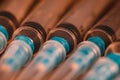 Medical Sterile Syringes Needles, Close up Syringes on wooden Background, Health care concept.