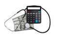 Medical stethoscope, calculator and money (dollars) on a transparent background (clipping path included)