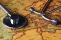 Medical stethoscope over Europe healthcheck. close-up map Royalty Free Stock Photo