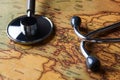 Medical stethoscope over Europe healthcheck. close-up map Royalty Free Stock Photo