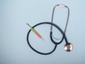 Medical stethoscope or phonendoscope  isolated on light blue background. Close-up of a stethoscope. flat lay. Royalty Free Stock Photo