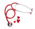 Medical stethoscope and red hearts on white background. Cardiology concept