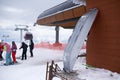 Medical stretcher for rescue injured skiers in mountains ski resort.