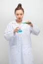 Medical student studies reagents. Reagent Mixing in test tubes Royalty Free Stock Photo