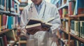 A medical student studying textbooks and taking notes in a library Royalty Free Stock Photo