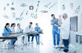 Medical students and professor studying human skeleton anatomy Royalty Free Stock Photo