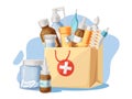 Medical supplies. Pharmacy purchases in paper bag, goods for treatment and health care objects from drugstore cartoon Royalty Free Stock Photo