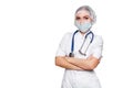 Medical surgeon doctor woman isolated on wihte. With place for medical advertise. Medical advertising concept. Royalty Free Stock Photo