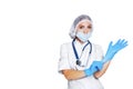 Medical surgeon doctor womanisolated on wihte. Doctor putting on sterile gloves. Place for medical advertise. Medical Royalty Free Stock Photo