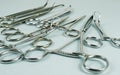 Medical surgical Instruments on blue background. Selective focus Royalty Free Stock Photo
