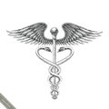 Medical symbol hand drawing vintage style.Aesculapius hand drawing engraving style black and white logo