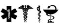 Medical symbol icons set. Star of Life with cross, caduceus, Rod of Asclepius and pharmacy symbol Bowl of Hygieia. Isolated on Royalty Free Stock Photo