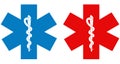 Medical symbol set red and blue Star of Life with Rod of Asclepius logo icon isolated on white background. Royalty Free Stock Photo