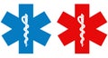 Medical symbol set red and blue Star of Life with Rod of Asclepius logo icon isolated on white background. First aid. Emergency Royalty Free Stock Photo