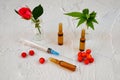 Medical syringe and ampules, rose, berry and leves on textured background