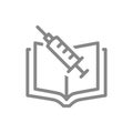 Medical syringe and book line icon. Vaccination information, medical education, informing about vaccination symbol