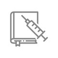 Medical syringe and book line icon. Vaccination information, medical education, nursing courses symbol