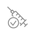 Medical syringe and check mark line icon. New sterile syringe, injection, successful vaccination symbol