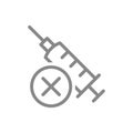 Medical syringe and cross mark line icon. Used syringe, injection, unsuccessful vaccination symbol