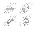 Medical syringe, Face verified and Uv protection icons set. Medical food sign. Vector