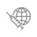 Medical syringe and the globe Earth line icon. World vaccination, population vaccination statistics