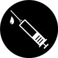 Medical syringe, hypodermic needle, Inject needle concept of vaccination in black circle icon. Trendy flat style vector illustrati