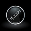 Medical syringe icon inside round silver and black emblem