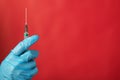 Medical syringe with insulin for an injection for diabetes in the hand of a doctor in a glove on a red background Royalty Free Stock Photo