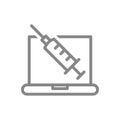 Medical syringe and laptop line icon. Vaccination information, immunization, registration for vaccination