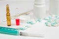 Medical syringe with medicine pill and vials Royalty Free Stock Photo