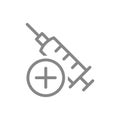 Medical syringe and plus line icon. New sterile syringe, injection, medical instrument, successful vaccination symbol