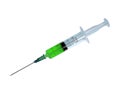 medical syringe with a sharp needle, toxic green content, isolate