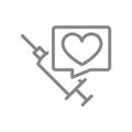 Medical syringe and speech bubble with heart line icon. Vaccination, vaccination information, immunization, vaccine