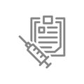 Medical syringe and tablet line icon. Vaccination information, vaccination passport symbol