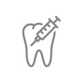 Medical syringe and tooth line icon. Vaccination, injection, anesthesia, dental treatment symbol