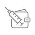 Medical syringe and wallet line icon. Vaccination, paid injection, worldwide immunity symbol