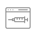 Medical syringe and web page line icon. Vaccination information, immunity, vaccination passport symbol