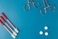 Medical syringes for insulin on a blue background. Diabetes Royalty Free Stock Photo