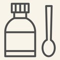 Medical Syrup line icon. Medicine bottle and measuring spoon outline style pictogram on white background. Cough mixture