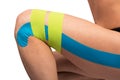 Medical tape is glued to the leg to reduce muscle pain and facilitate walking, isolated on white